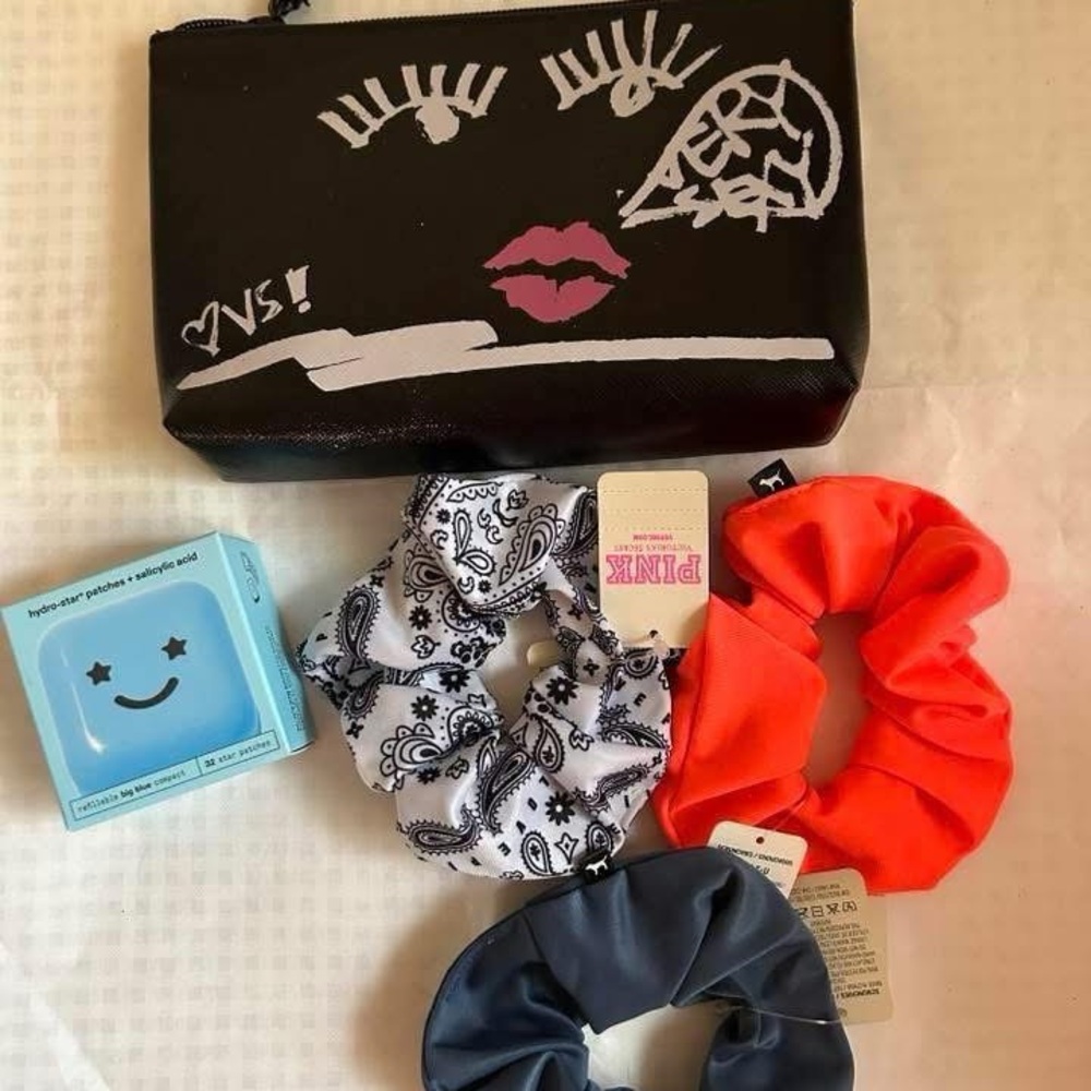 PINK Victoria's Secret Black Graphic Pouch with Scrunchies